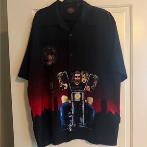 Black Short-Sleeve Button-Down Shirt with Motorcycle Graphic